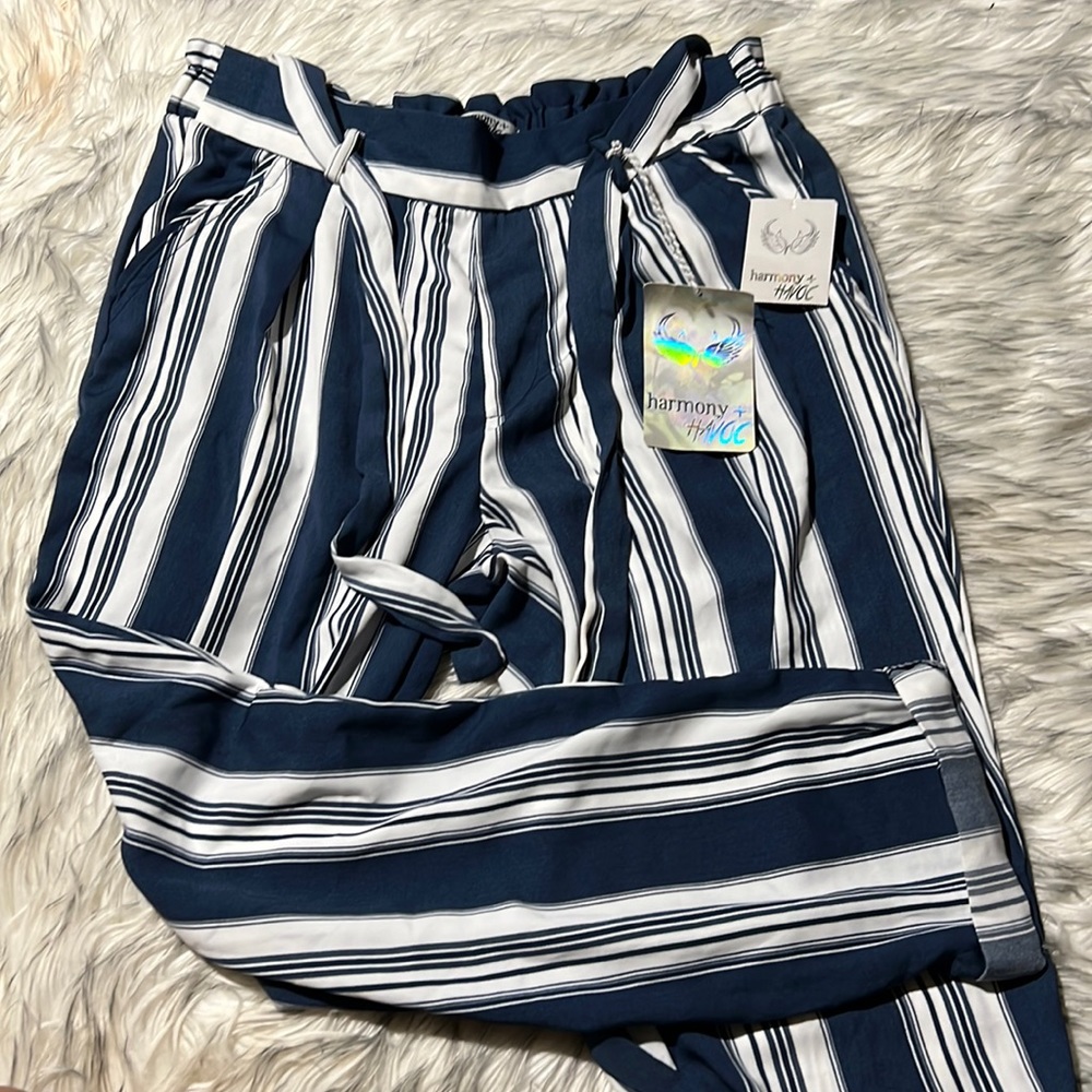 NWT Harmony + Havoc Women Size 11 Blue Striped Jump Pants Polyester